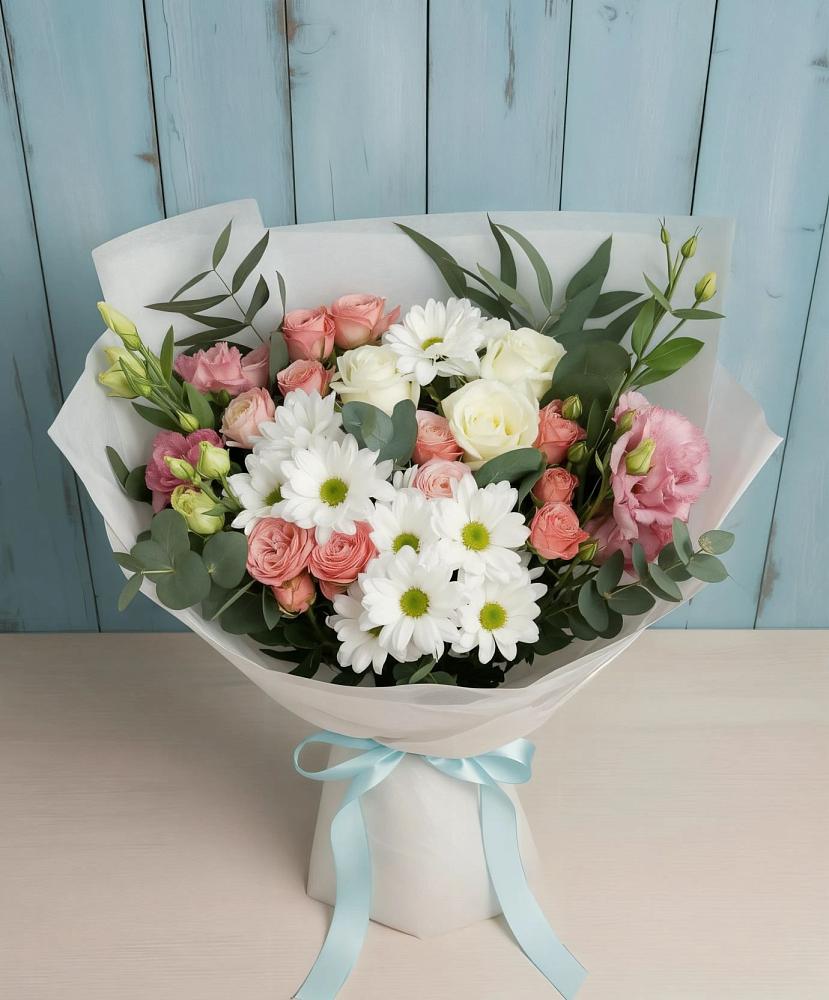 Букет цветов из: Розы, Лизиантусы и Хризантемы в Кошерово