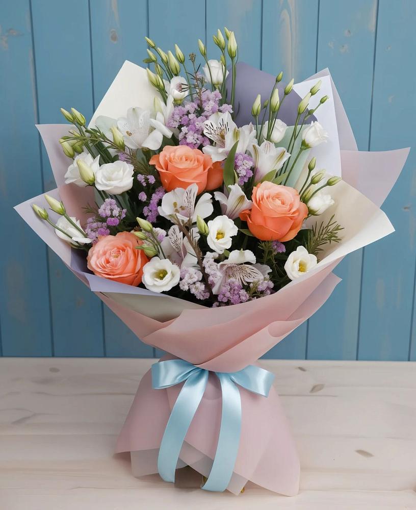 Букет цветов из: Лизиантусы, Розы, Альстромерии и Гипсофила в Кошерово