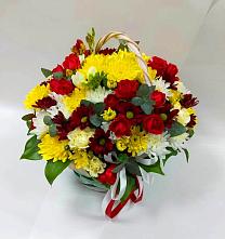 Цветочная композиция из Хризантемы и Розы в корзине в Кошерово