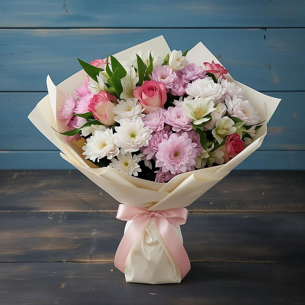 Букет цветов из: Хризантемы, Альстромерии и Розы в Кошерово